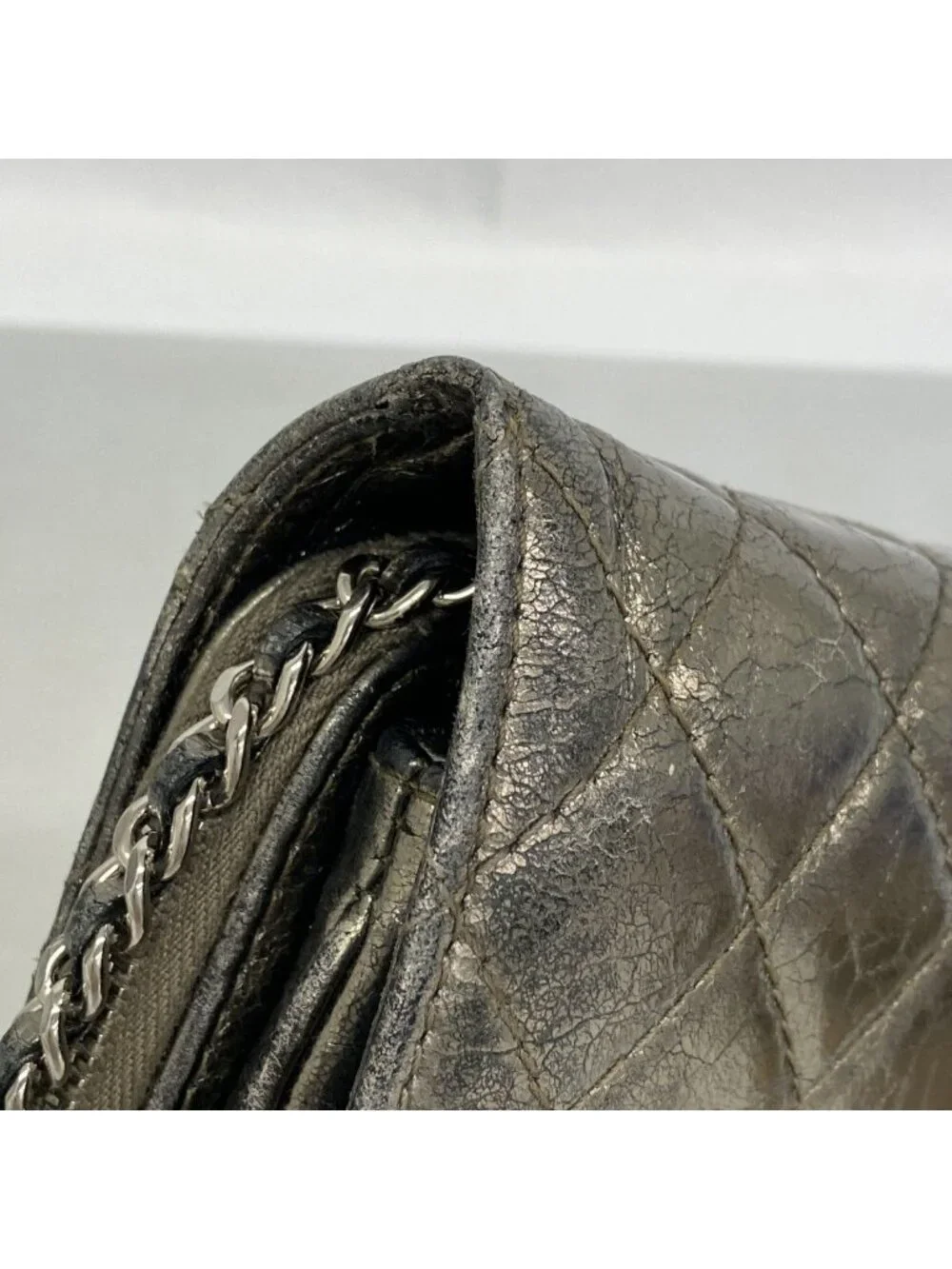 Chanel Shoulder Bag Quilted Leather Gray Silver